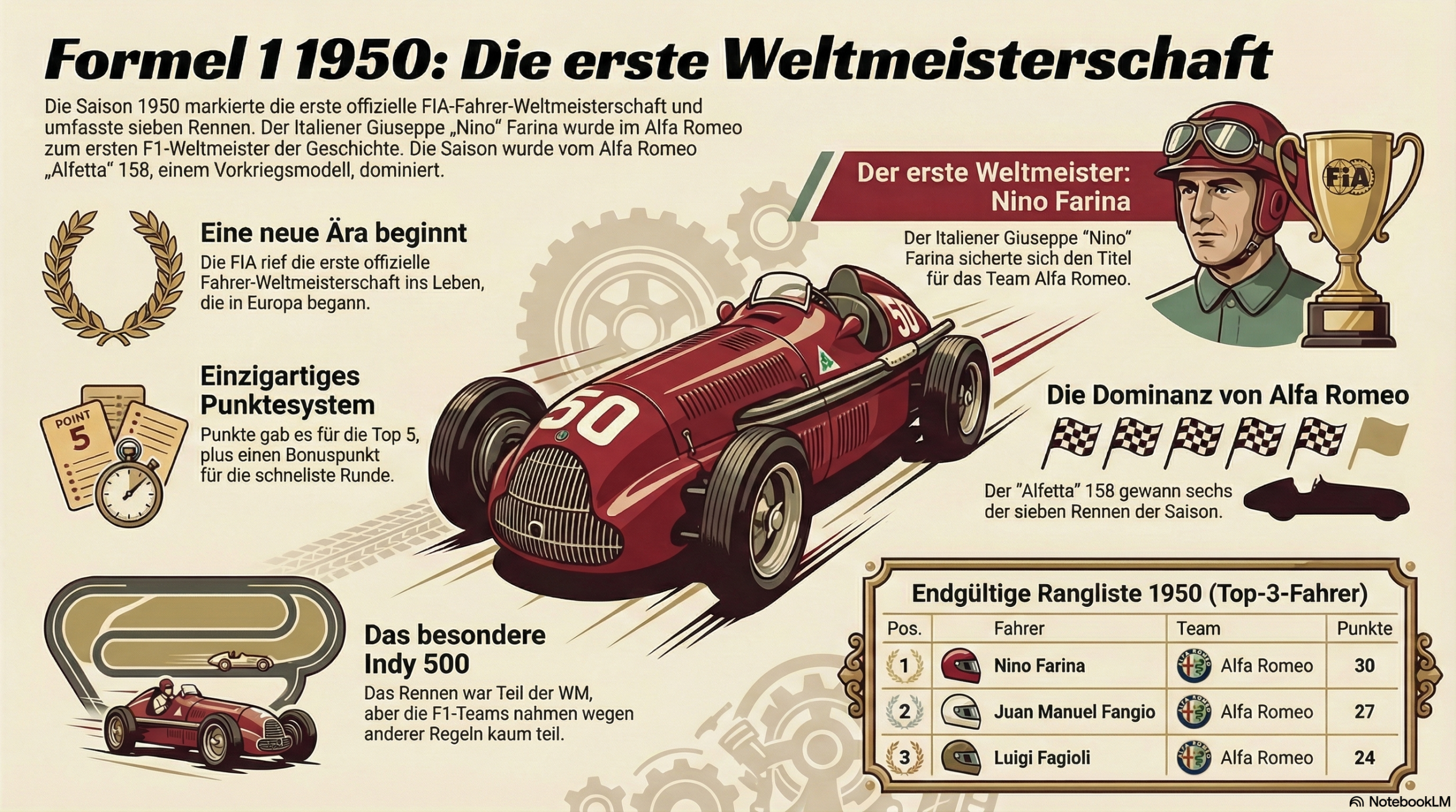 Infografik zur Formel-1-Saison 1950: Die erste Weltmeisterschaft. Zeigt Nino Farina, seinen Alfa Romeo, Punktsystem, und die Rangliste der Top-3.