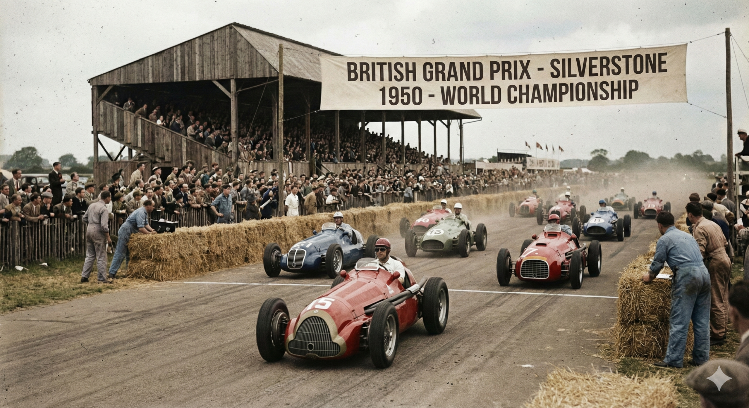 Start des British Grand Prix in Silverstone 1950. Mehrere klassische Formel-1-Rennwagen auf der Strecke vor einer Zuschauertribüne.