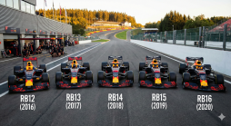 Fünf Red Bull Racing F1-Wagen (RB12-RB16) auf einer Rennstrecke. Boxengasse und Wald im Hintergrund bei goldenem Licht.