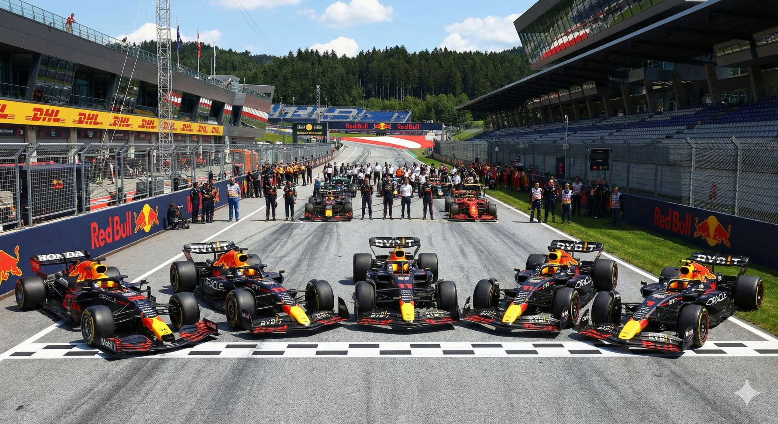 Sechs Red Bull Racing F1-Autos stehen auf der Startlinie des Red Bull Rings, dahinter Teammitglieder und die Rennstrecke.