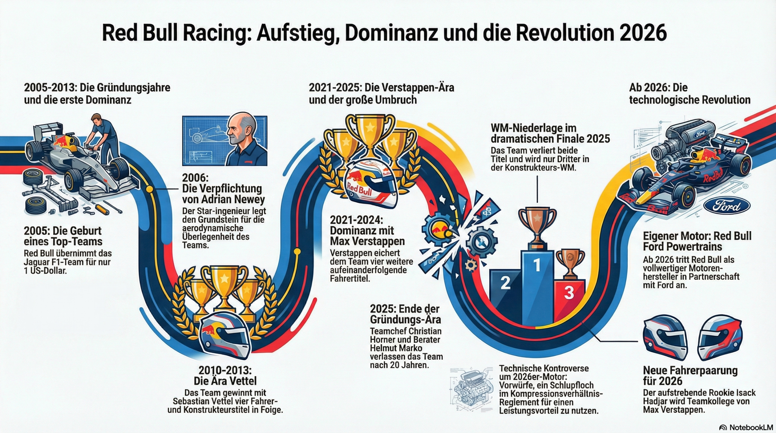 Infografik zur Geschichte von Red Bull Racing: Gründungsjahre, Ära Vettel, Dominanz mit Verstappen bis 2024 und die technologische Revolution 2026 mit Ford.