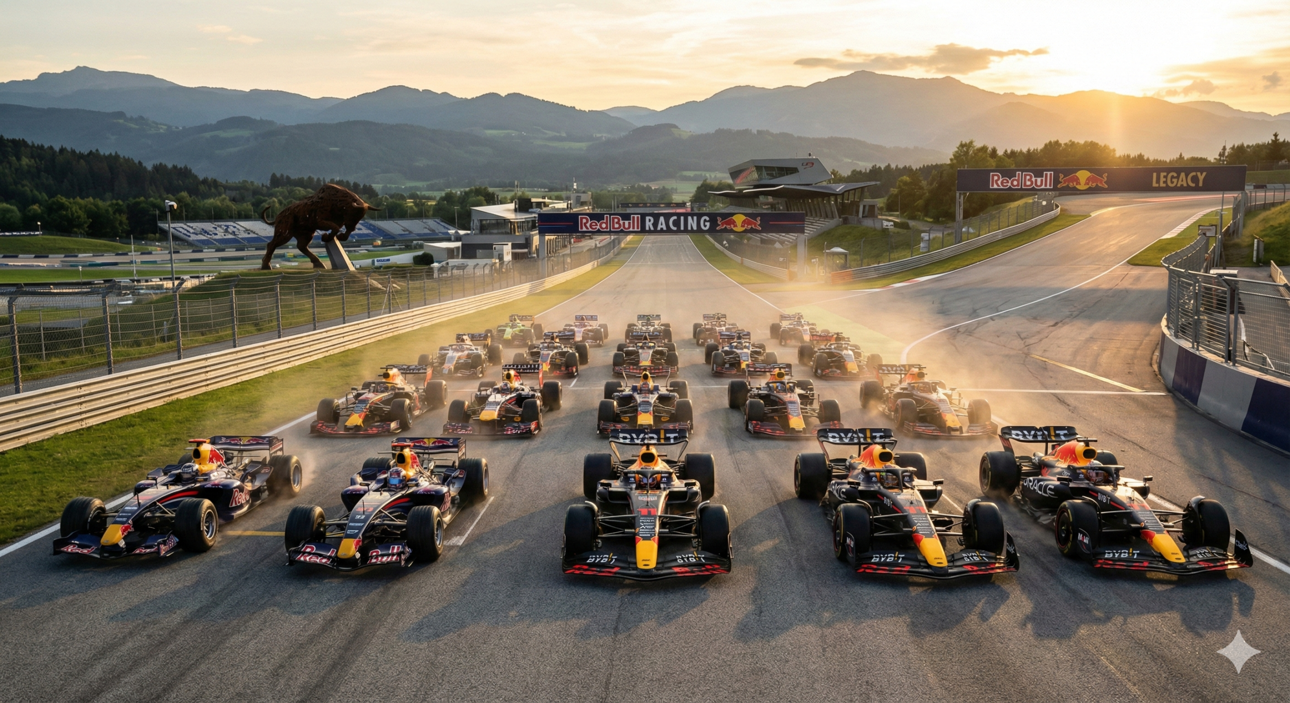 Historische und moderne Red Bull F1-Wagen auf dem Red Bull Ring bei Sonnenuntergang. Berühmte Rennstrecke mit Bergkulisse und Stier-Statue.