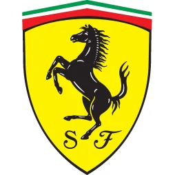 Das Ferrari-Logo, ein gelbes Wappen mit schwarzem, aufbäumendem Pferd und SF-Initialen, gekrönt von italienischen Nationalfarben.