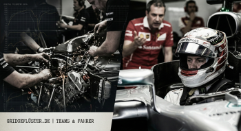 Split-Screen-Montage für die Kategorie ‚Teams & Fahrer‘ auf gridgeflüster.de: Links Mechaniker bei der Arbeit an einem offenen F1-Motor mit Telemetrie-Daten-Overlay; rechts ein fokussierter Pilot im Cockpit im Gespräch mit einem besorgt wirkenden Teamchef. Düstere, kontrastreiche Ästhetik.