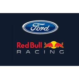 Logo von Ford über dem Red Bull Racing Logo auf dunklem Hintergrund, symbolisierend die Motorsport-Partnerschaft zwischen den Marken.