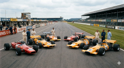 Sieben historische Formel-Rennwagen (rot und orange) mit Teams auf der Start-Ziel-Geraden von Silverstone unter bewölktem Himmel.