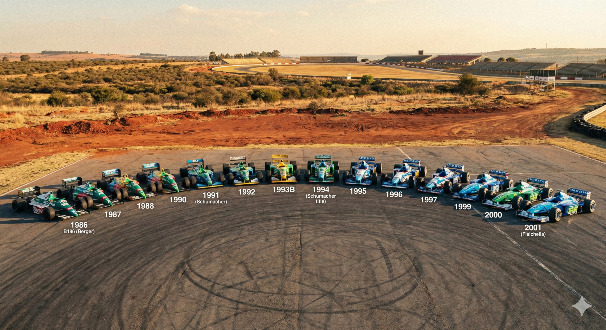 Historische Formel-1-Wagen-Reihe von 1986 bis 2001 auf einer Rennstrecke. Grüne und blaue Rennwagen in staubiger Landschaft mit Tribünen.