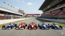 Fünf historische Formel-1-Wagen (Williams, Ferrari, BMW Williams) auf der Start-Ziel-Geraden des Circuit de Catalunya in Spanien, mit Tribünen und Kontrollturm.
