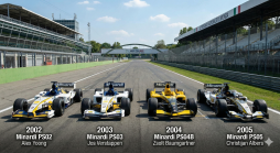 Vier Minardi F1 Rennwagen (2002-2005) mit ihren Fahrern Alex Yoong, Jos Verstappen, Zsolt Baumgartner, Christijan Albers auf der Rennstrecke Monza.