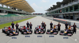 Fünf Toro Rosso F1-Rennwagen (STR1-STR5) mit ihren Fahrern auf der Start-Ziel-Geraden der Rennstrecke Sepang.