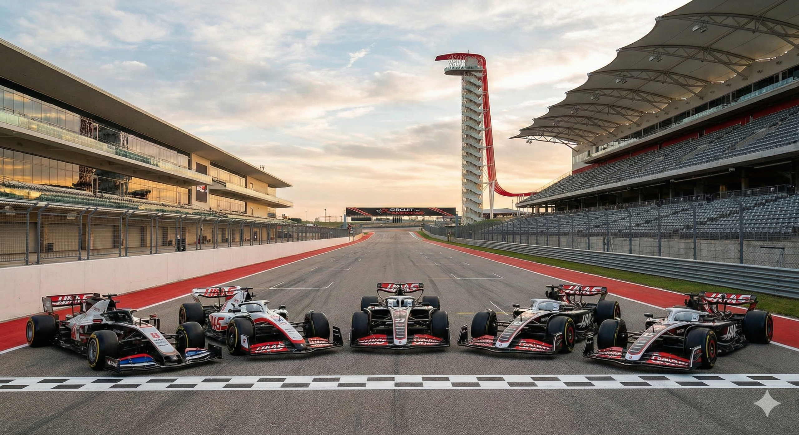 Sechs Haas F1-Autos auf der Startlinie des Circuit of the Americas, Austin, vor dem ikonischen Beobachtungsturm und Tribünen.