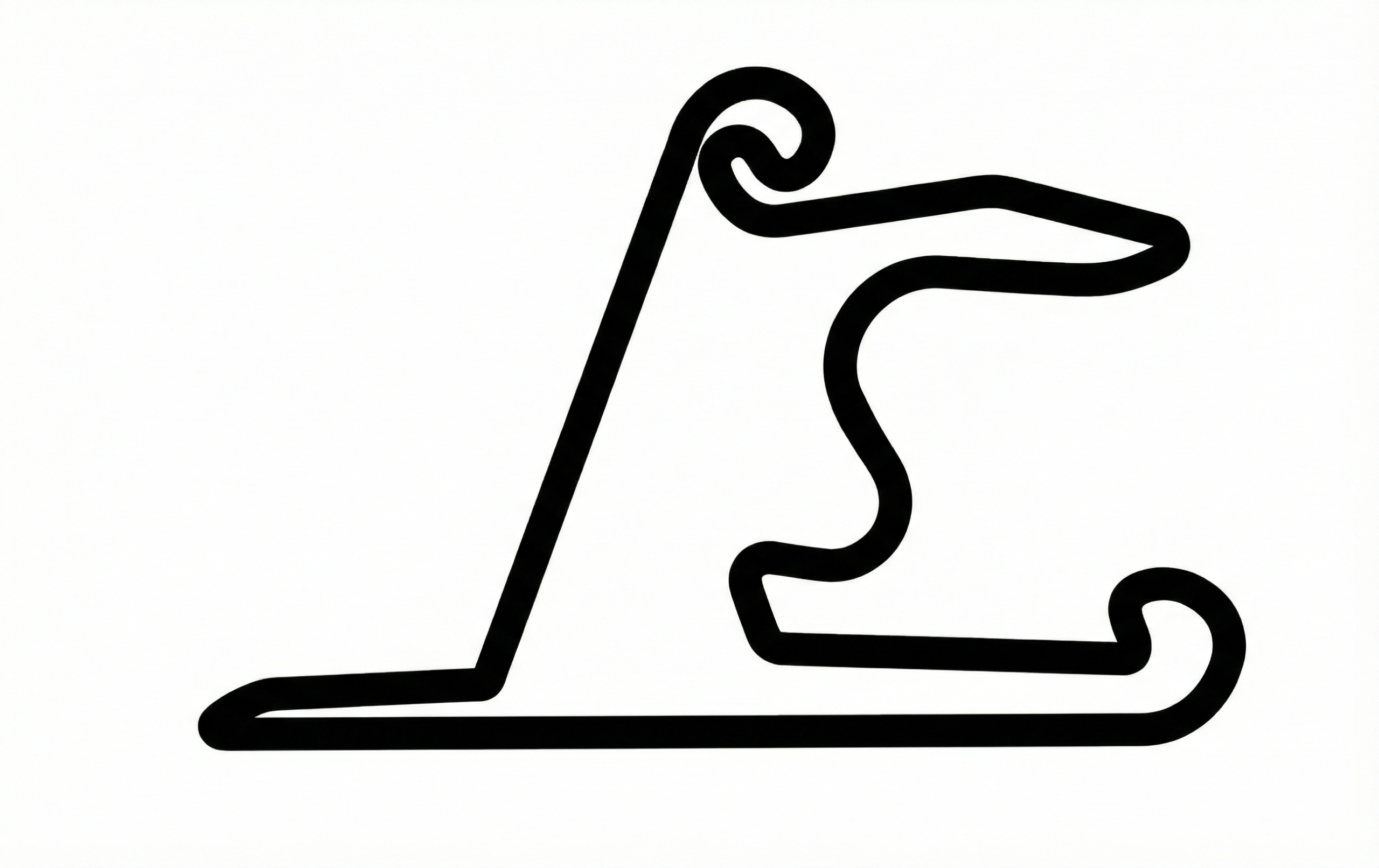 Minimalistische schwarze Umrisszeichnung der Rennstrecke Bahrain International Circuit auf weißem Hintergrund.