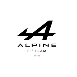 Alpine F1 Team Logo, schwarz auf weißem Hintergrund, mit stilisiertem A und dem Schriftzug 'ALPINE F1® TEAM' sowie einem französischen Trikolore-Streifen.