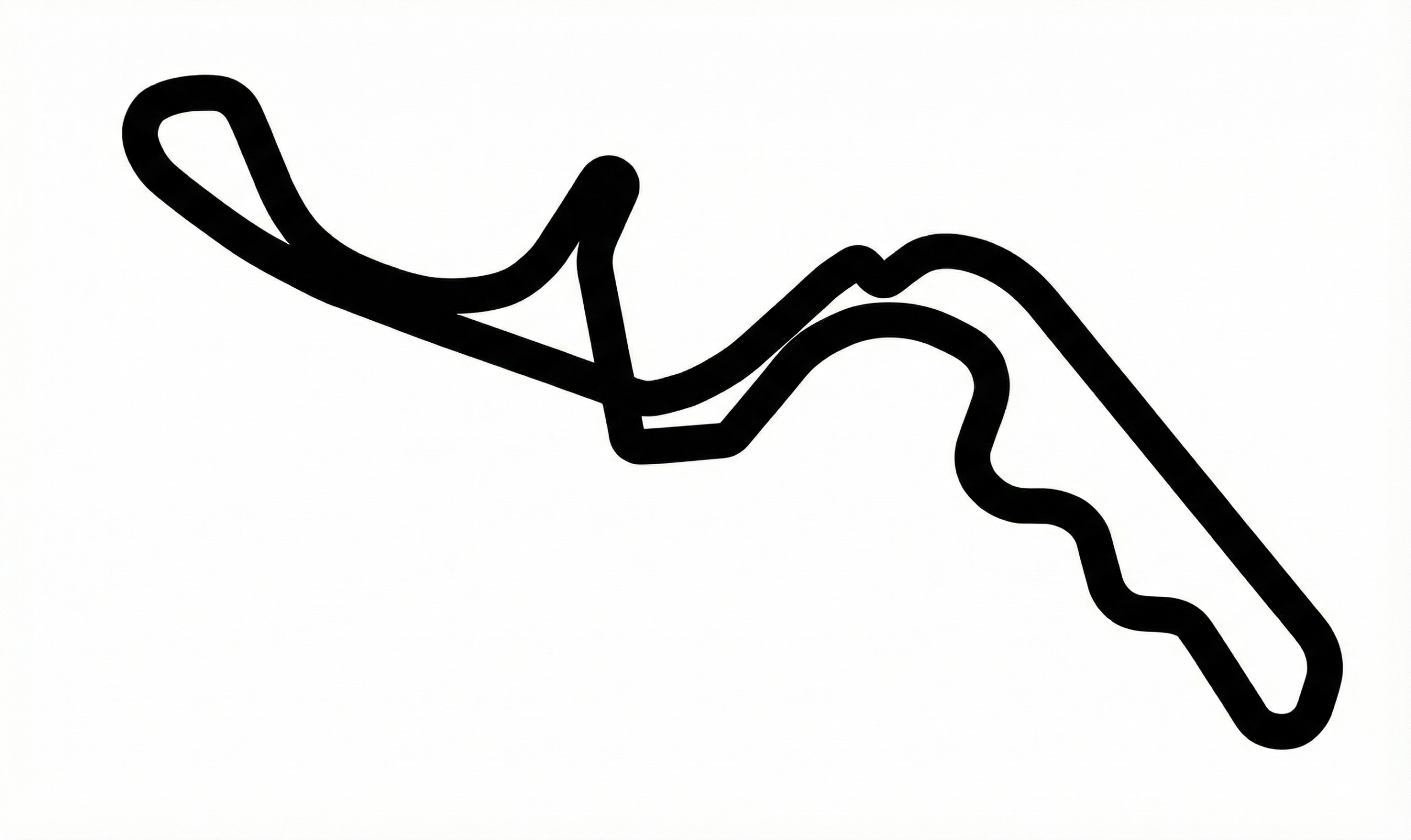 Abstrakte schwarz-weiße Illustration einer Rennstrecke, gezeichnet mit einer dicken schwarzen Linie auf weißem Hintergrund, zeigt Kurven und Geraden.