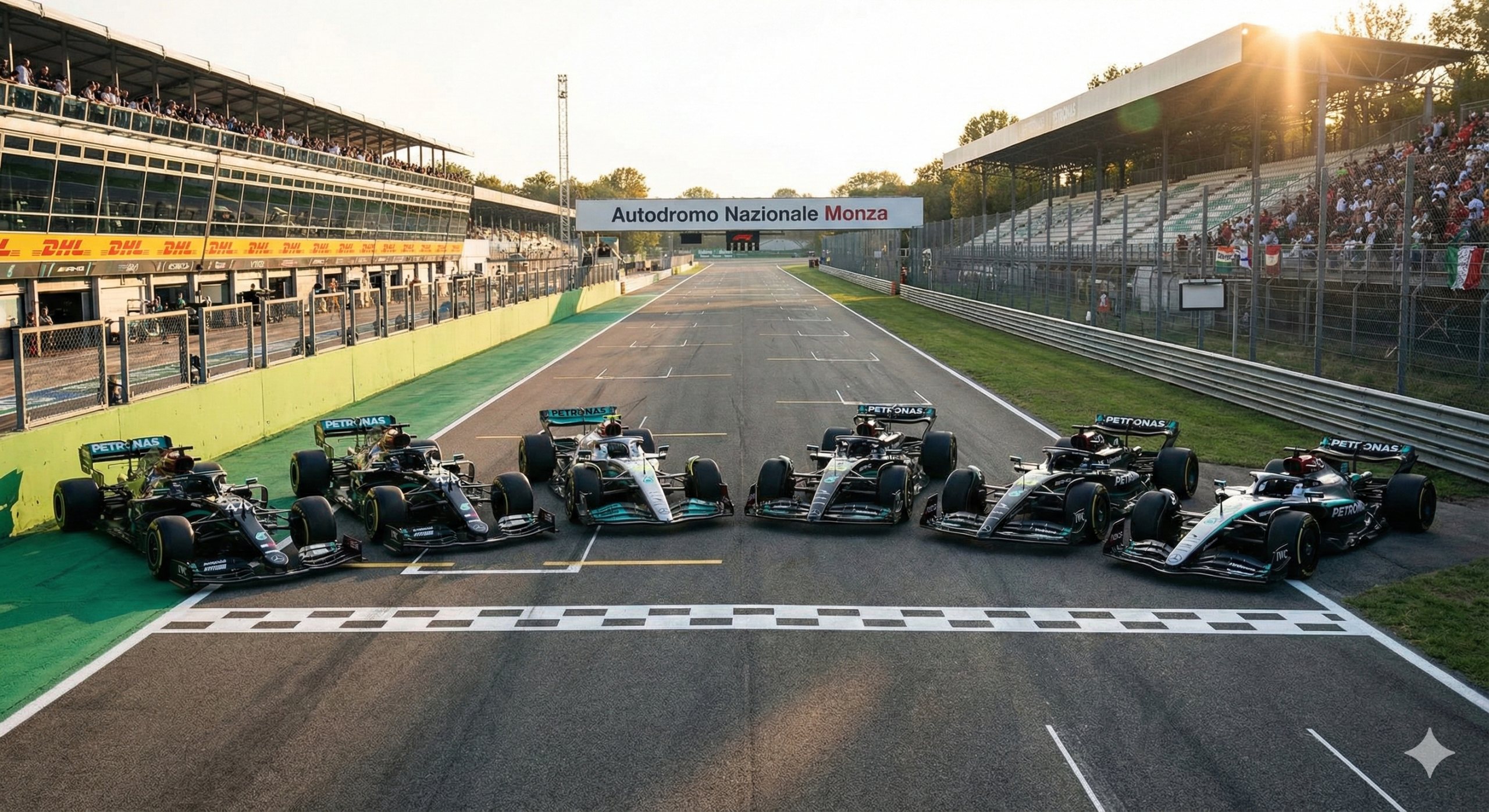 Sieben Mercedes-AMG F1-Wagen auf der Start-Ziel-Geraden in Monza, mit Zuschauern und Sonnenuntergang.