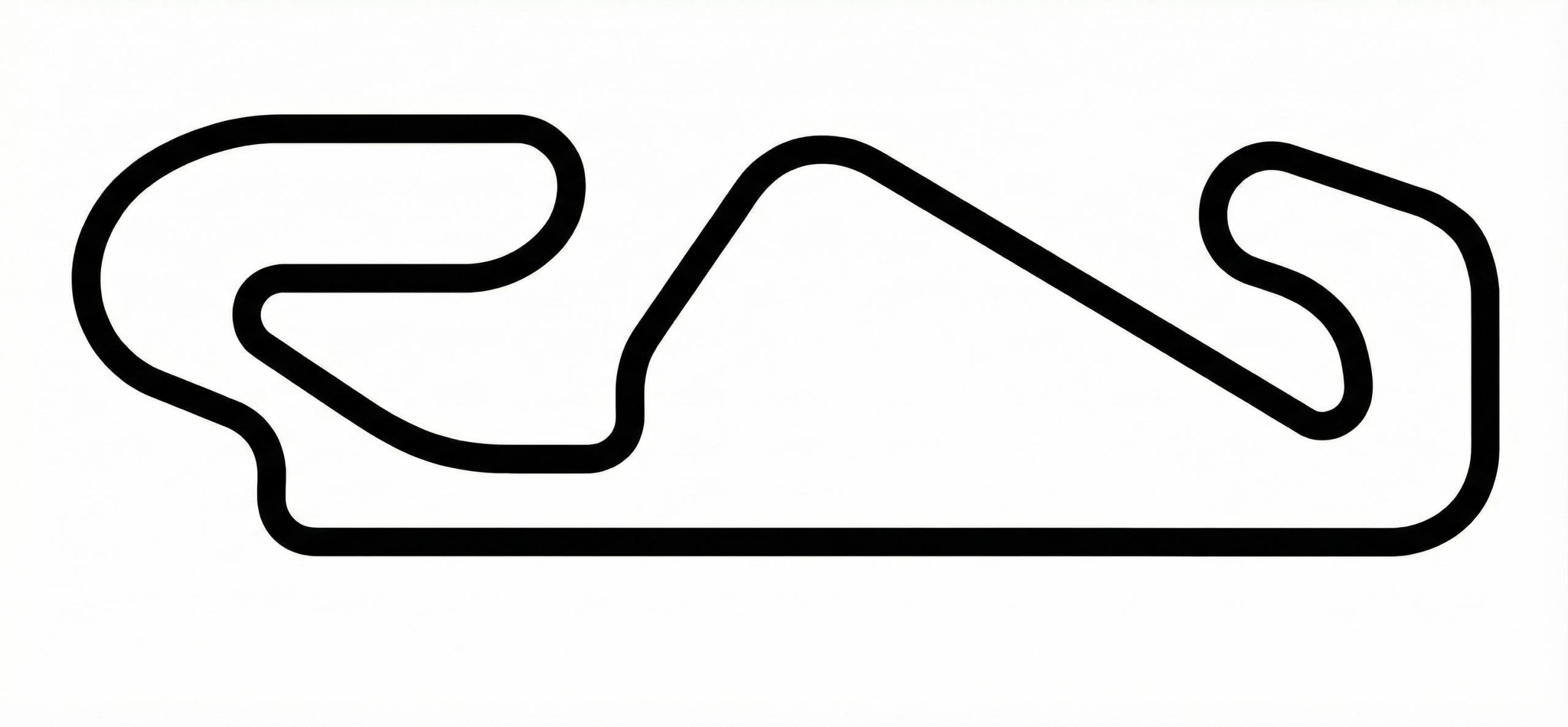 Schwarz-weißes minimalistisches Streckenlayout einer Rennstrecke, gezeichnet mit dicken schwarzen Linien auf weißem Hintergrund.