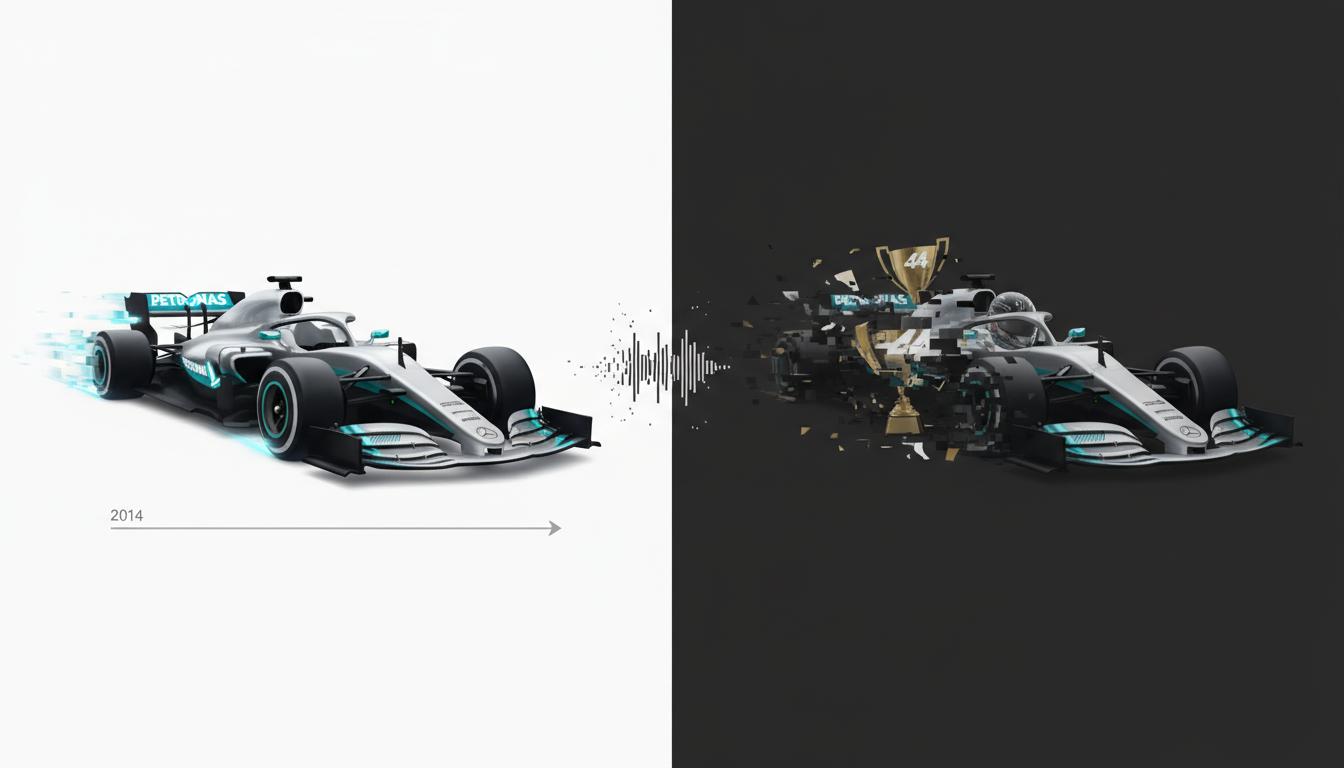 Darstellung der Evolution des Mercedes F1-Wagens von 2014 bis zu einem siegreichen, fragmentierten Wagen mit Trophäe und der Startnummer 44.