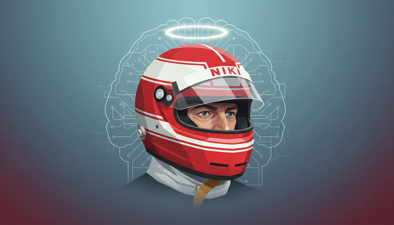 Illustration von Niki Lauda in rotem Rennhelm mit Heiligenschein und Gehirnschaltplan im Hintergrund, symbolisiert sein Genie.