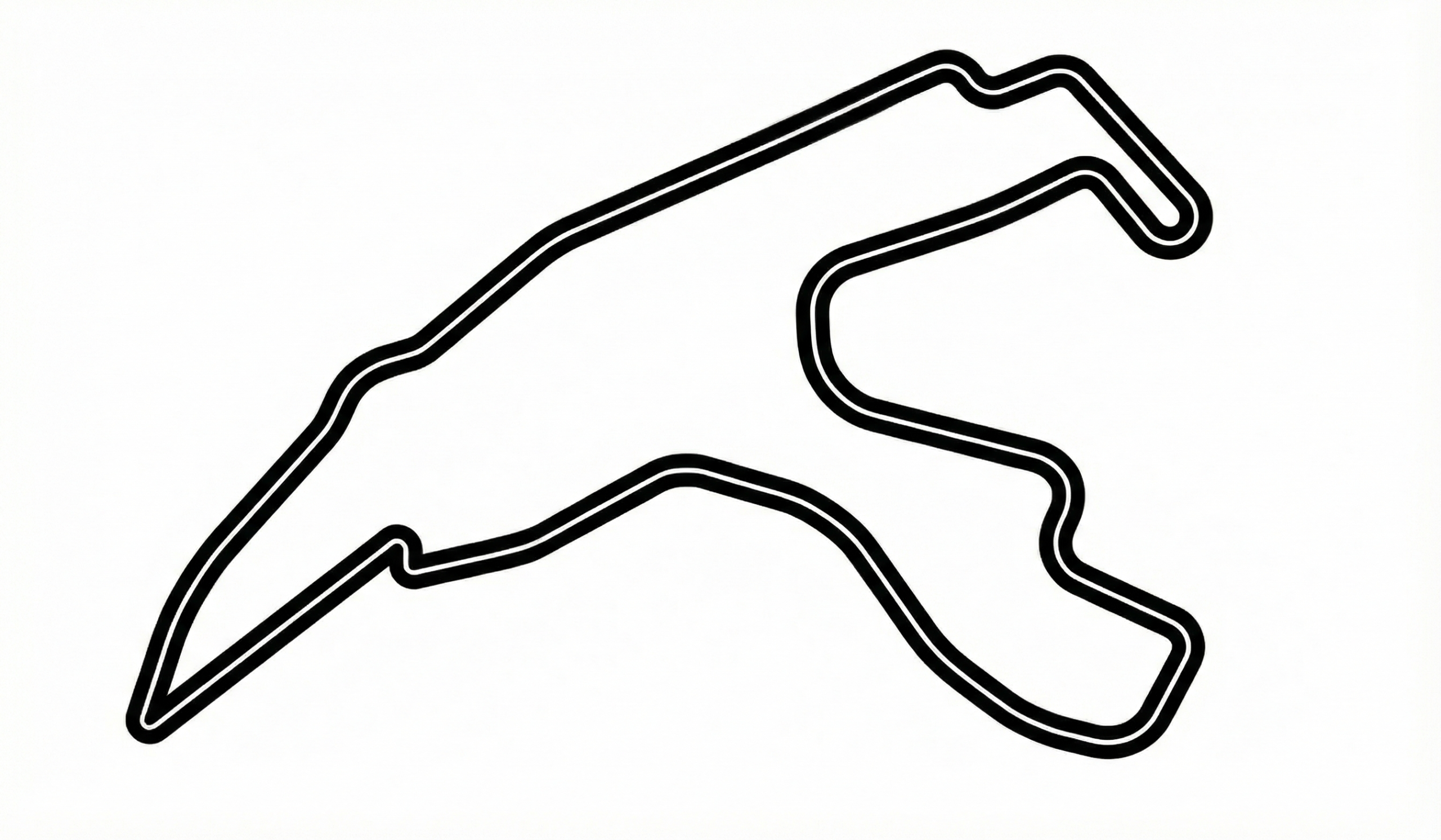 Umriss der Rennstrecke Spa-Francorchamps in Schwarz-Weiß, bekannt für ihre anspruchsvollen Kurven wie Eau Rouge und Blanchimont.