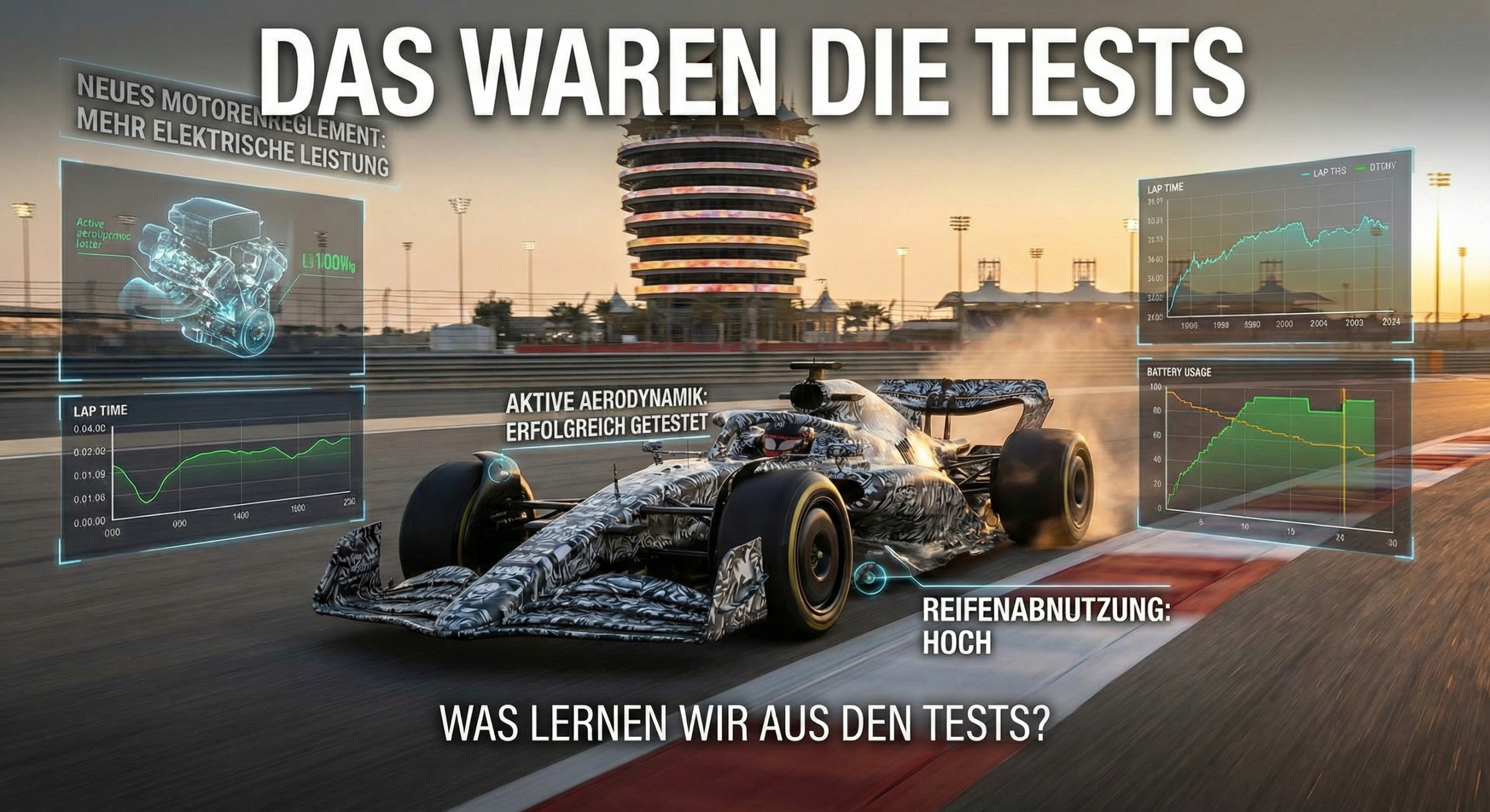 Formel 1 Testwagen auf Rennstrecke mit HUD-Anzeigen zu Motorreglement, aktiver Aerodynamik, Rundenzeiten, Batterienutzung und hohem Reifenverschleiß.