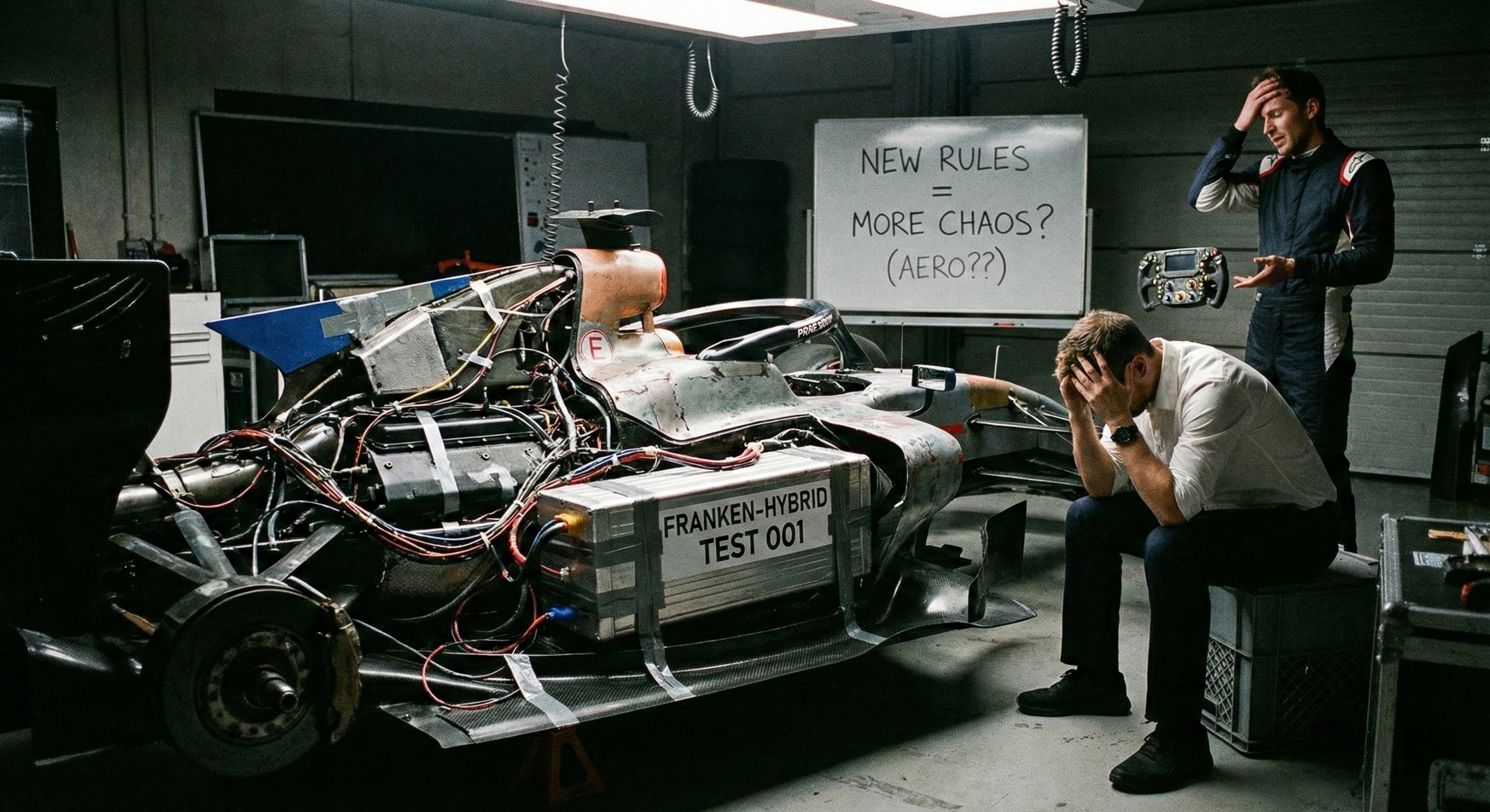 Zwei verzweifelte Männer in einer Garage vor einem Formel-1-Prototyp namens 'Franken-Hybrid Test 001', mit einer Tafel, die 'NEW RULES = MORE CHAOS? (AERO??)' zeigt.