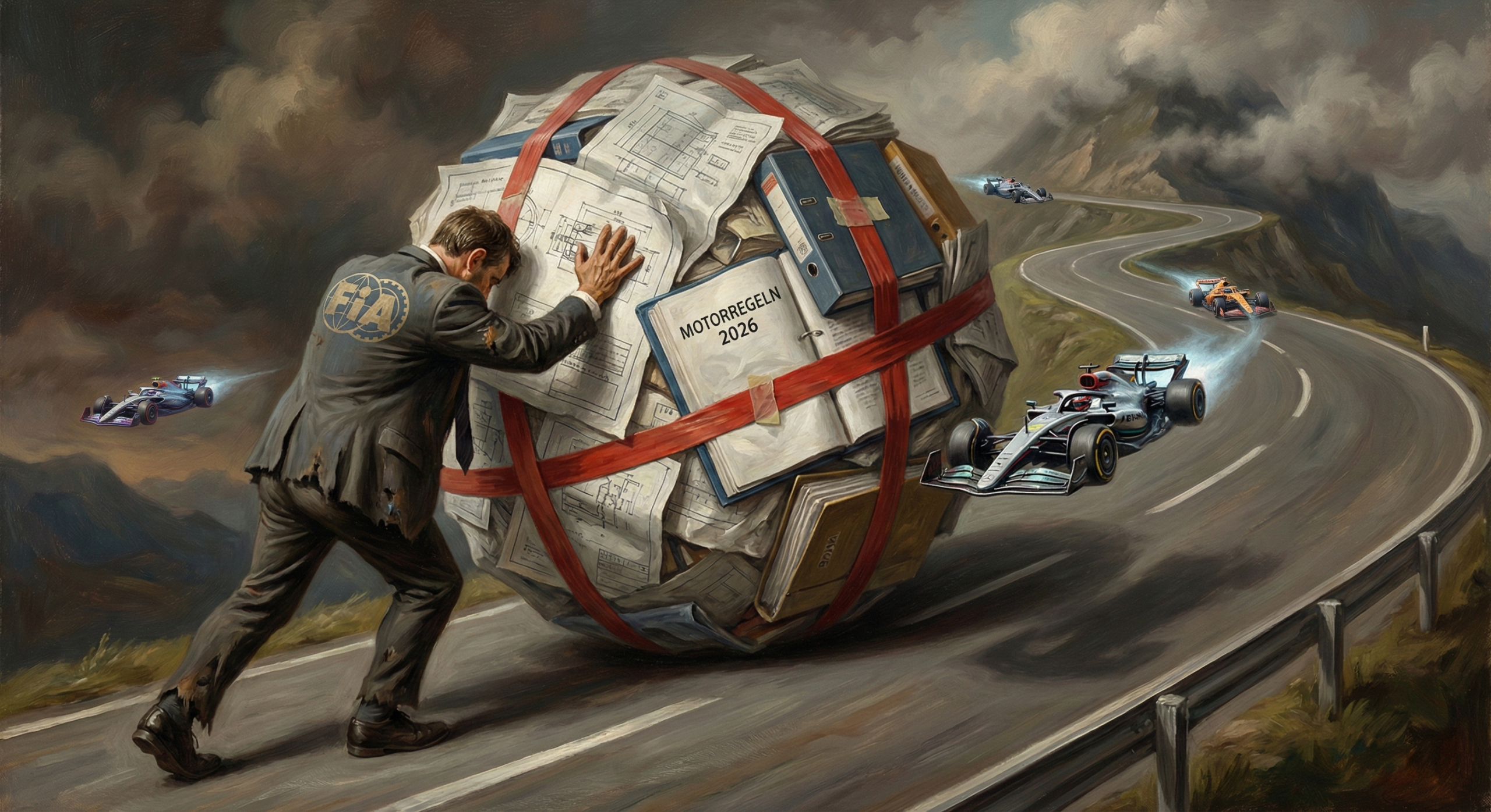 Ein FIA-Beamter müht sich ab, eine riesige Kugel aus Papieren ("MOTORREGELN 2026") einen Berg hinaufzuschieben, während F1-Wagen vorbeirasen.