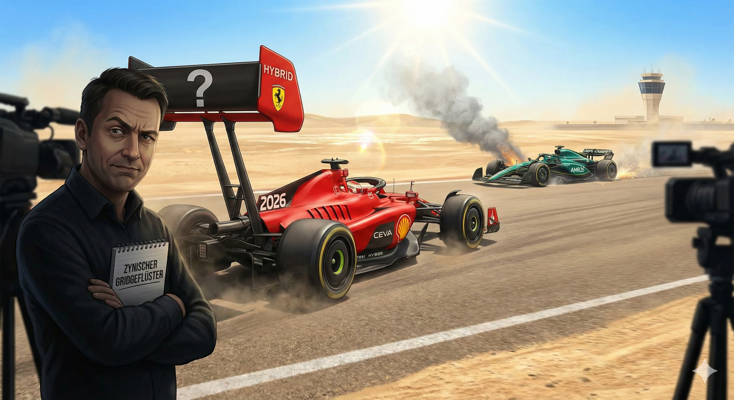 Cartoon von Toto Wolff mit skeptischem Blick, im Vordergrund ein Ferrari 2026 Hybrid, im Hintergrund ein brennender Aston Martin F1 im Wüstensetting.