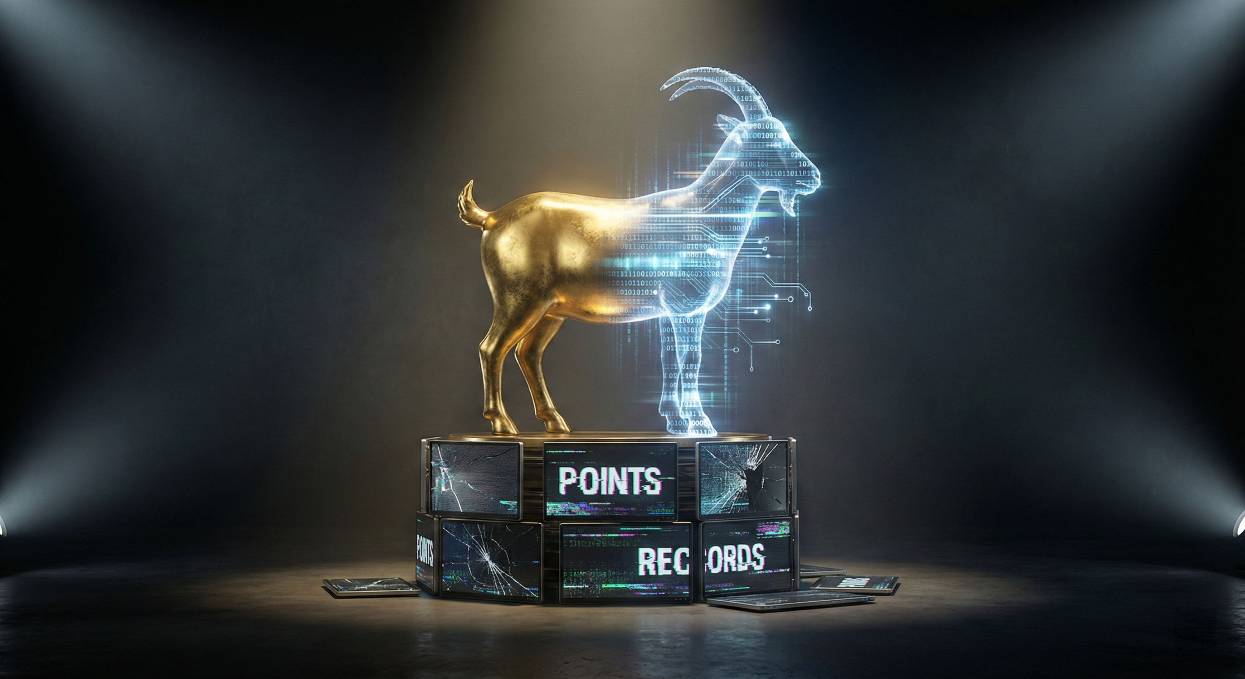 Goldene Ziege mit digitaler Hologramm-Überlagerung auf einem Podest aus Bildschirmen, die 'POINTS' und 'RECORDS' anzeigen, in einem dunklen Raum.