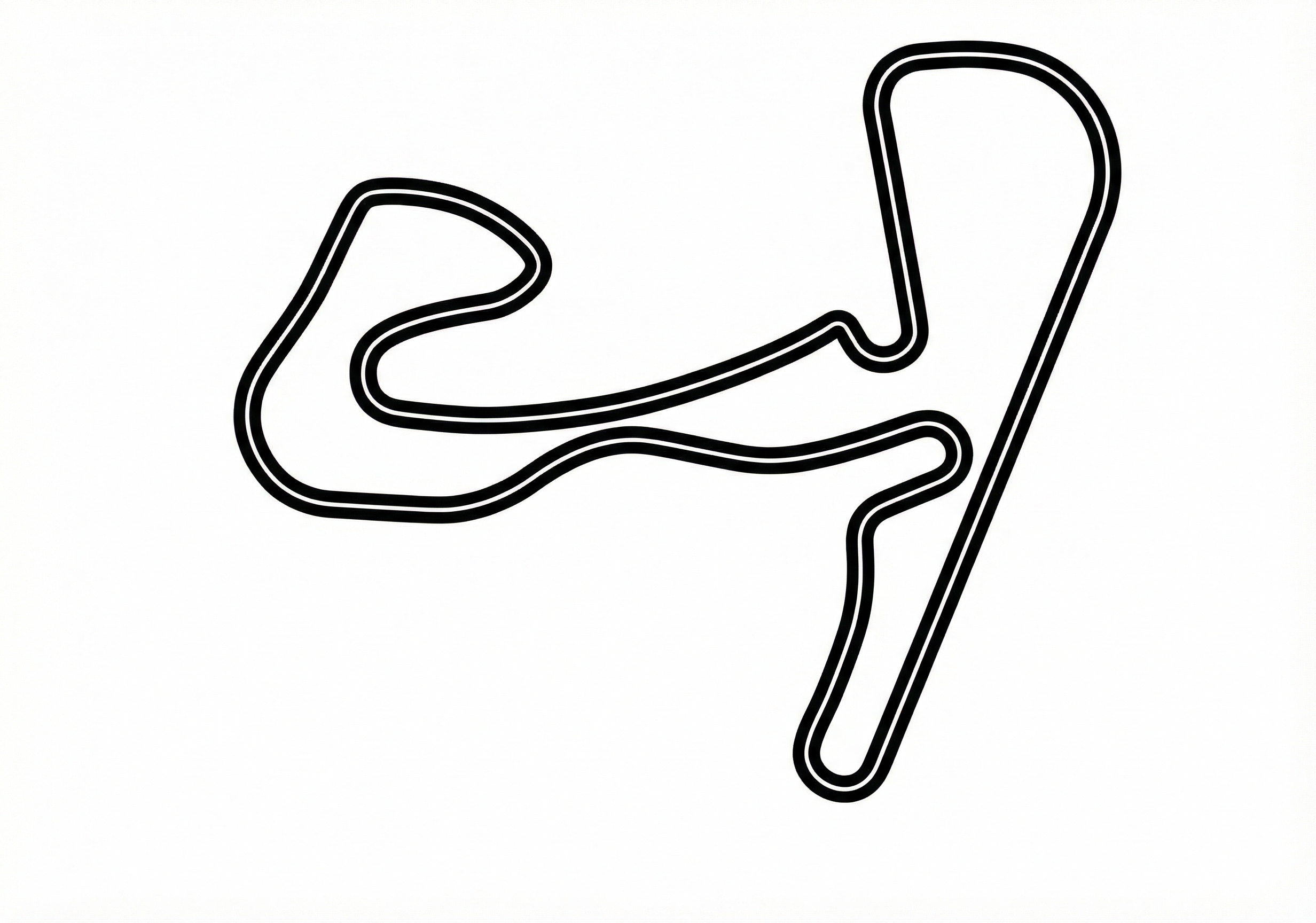 Minimalistische Schwarz-Weiß-Darstellung des Circuit Paul Ricard, einer berühmten Rennstrecke mit vielen Kurven und einer langen Geraden.