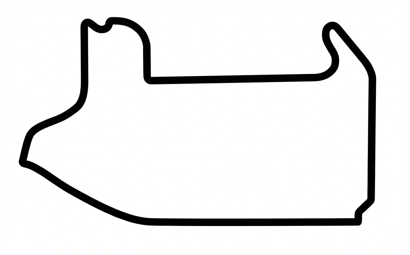 Schwarze Umrisskarte des Autódromo Internacional do Algarve Rennstrecke in Portimão, Portugal, auf weißem Hintergrund.