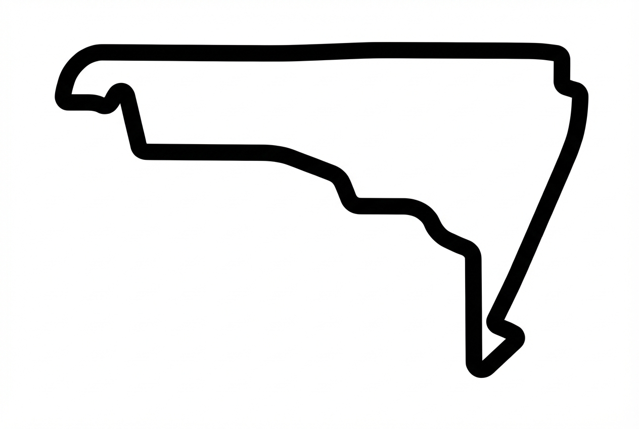 Abstrakter schwarzer Umriss auf weißem Grund, der an eine Landmasse wie Südamerika oder eine Motorsport-Rennstrecke erinnert.