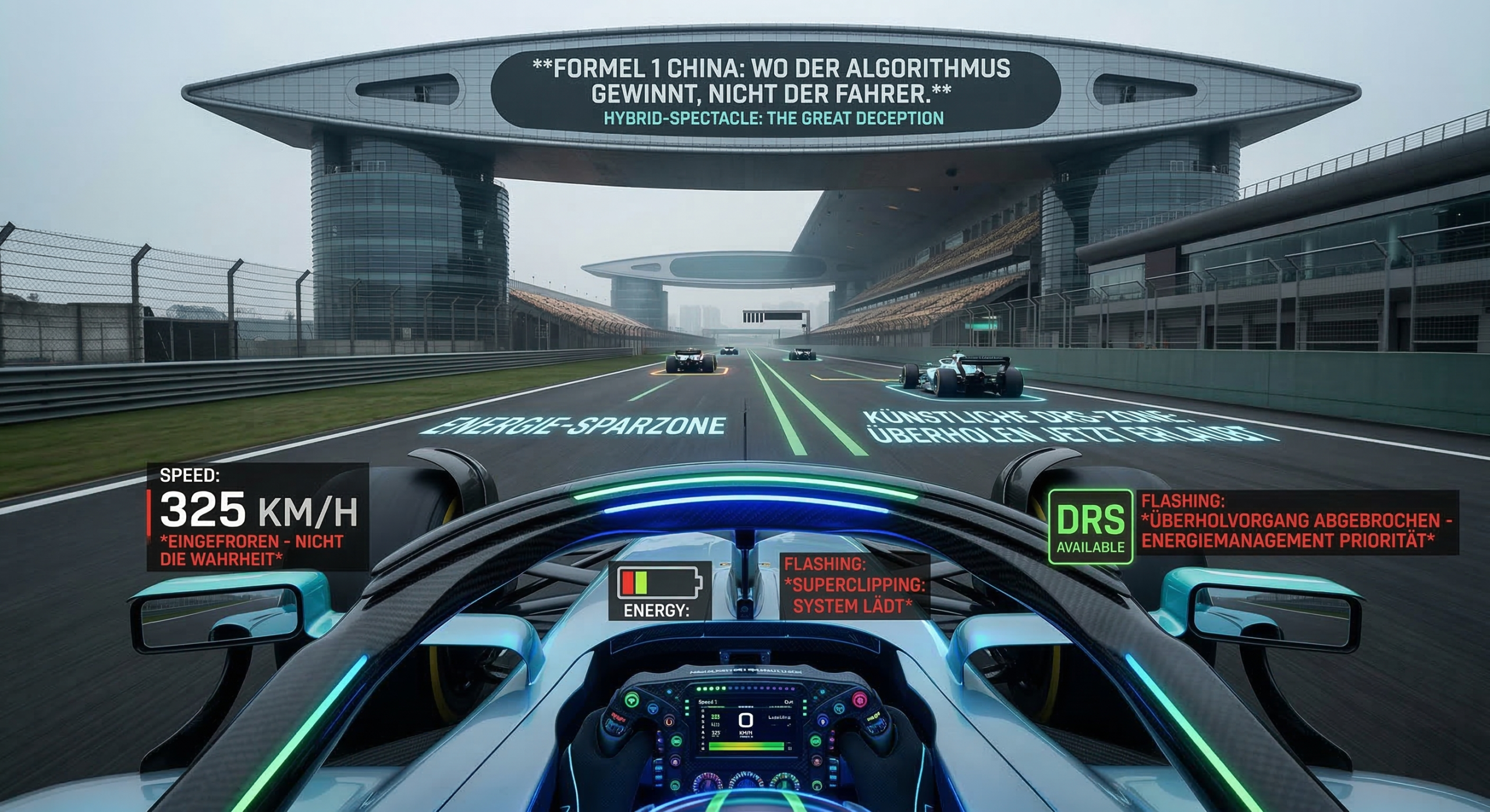 Fahrerperspektive im Formel-1-Cockpit mit digitalen Overlays, die KI-Kontrolle, Energie-Management und die Aussage 'Algorithmus gewinnt' zeigen.