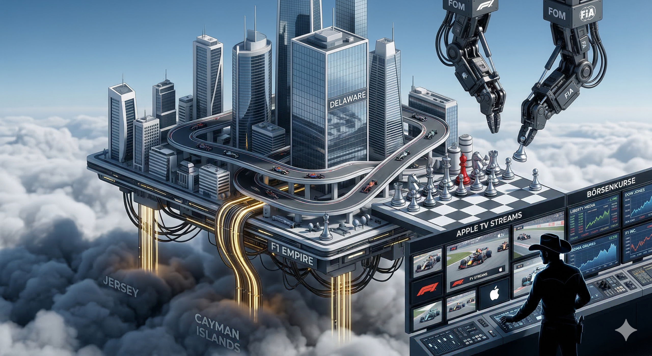 F1 Empire: Futuristische Stadt auf Wolken, F1-Strecke. Offshore-Zentren (Delaware, Jersey, Cayman). FOM & FIA spielen Schach. Kontrollraum mit F1 Streams und Börsenkursen. Kommerzialisierung, Machtkampf.