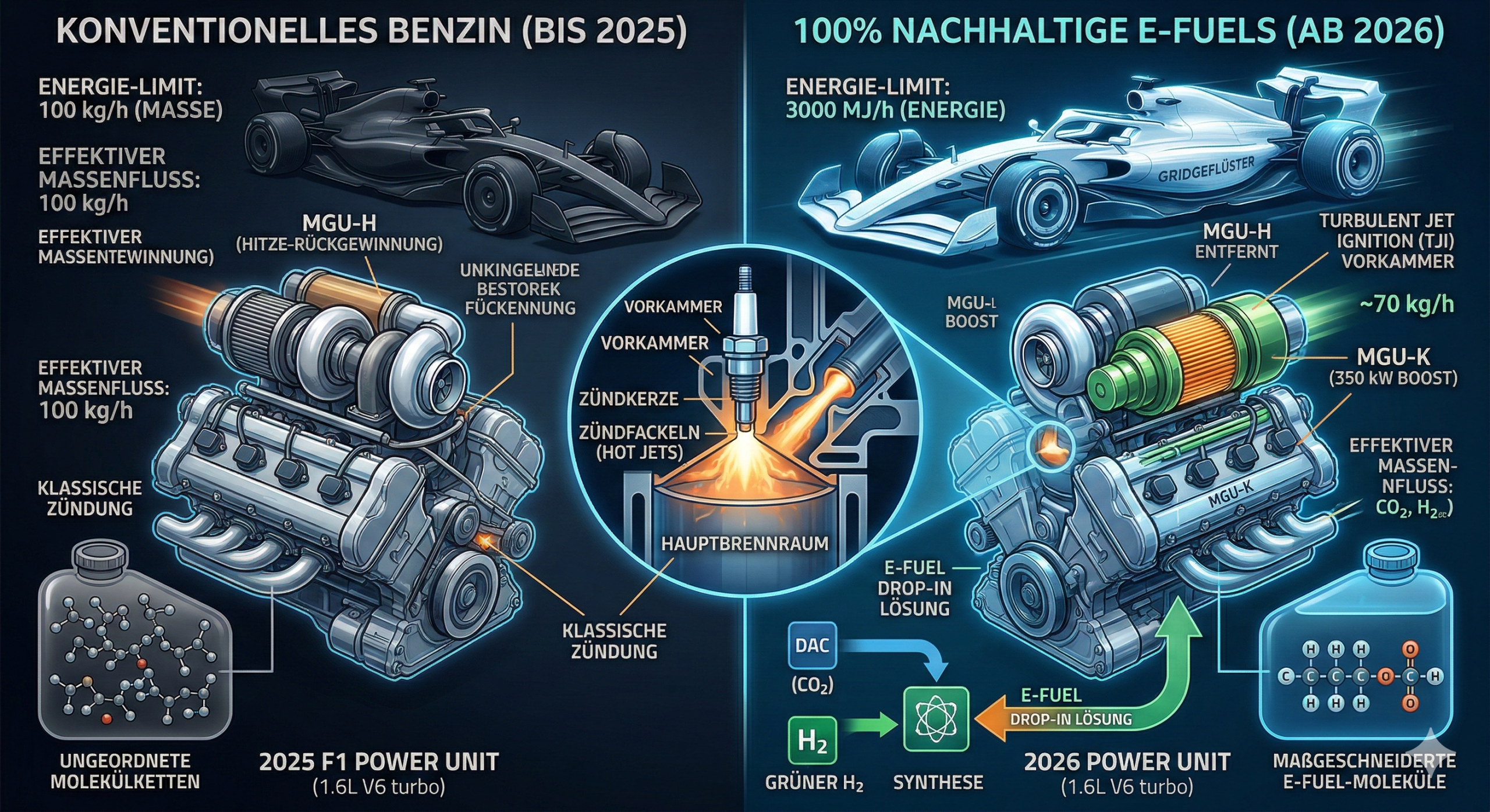Vergleichende Infografik F1 Power Units: Konventionelles Benzin (bis 2025) vs. nachhaltige E-Fuels (ab 2026), mit Motordetails und Kraftstoffsynthese.