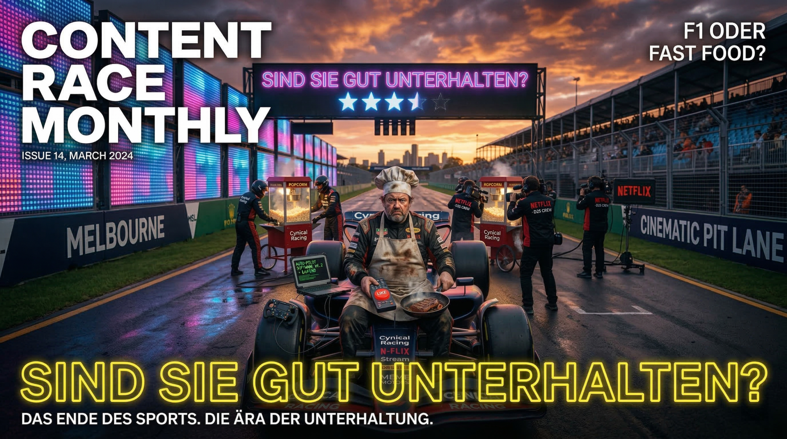 Surreal F1-Pitlane: Koch im Rennwagen mit Steak, Netflix-Crew macht Popcorn, Bildschirme fragen "Sind Sie gut unterhalten?".