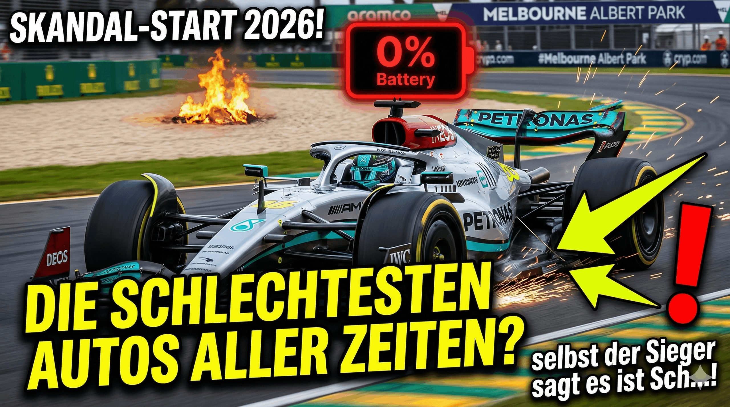 Ein Formel-1-Rennwagen fährt mit Funkenflug auf der Strecke, im Hintergrund brennt es. Text: 'Skandal-Start 2026! 0% Batterie. Die schlechtesten Autos aller Zeiten?'